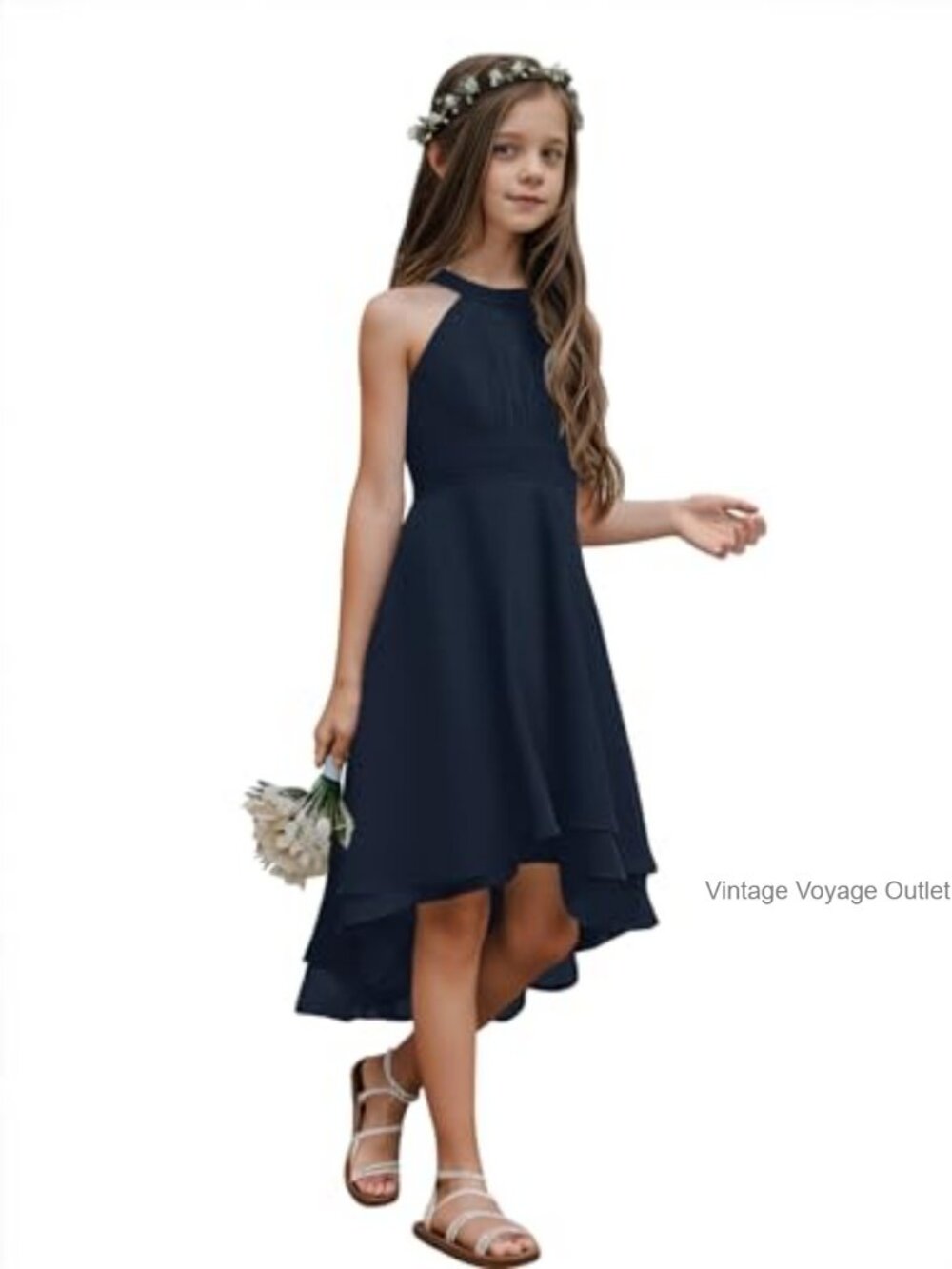 Girls Chiffon A-Line Party Dress Sleeveless Ruffled Asymmetrical Knee-Length - Picture 2 of 7